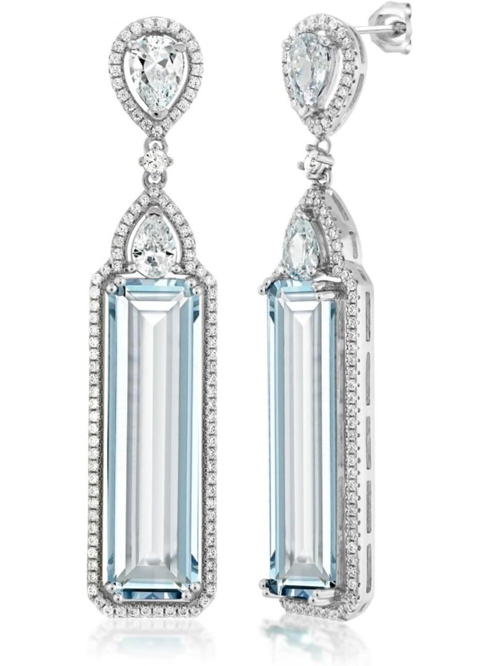 Stunning 925 Silver Art Deco Dangle Earrings with Simulated Aquamarine Gemstone